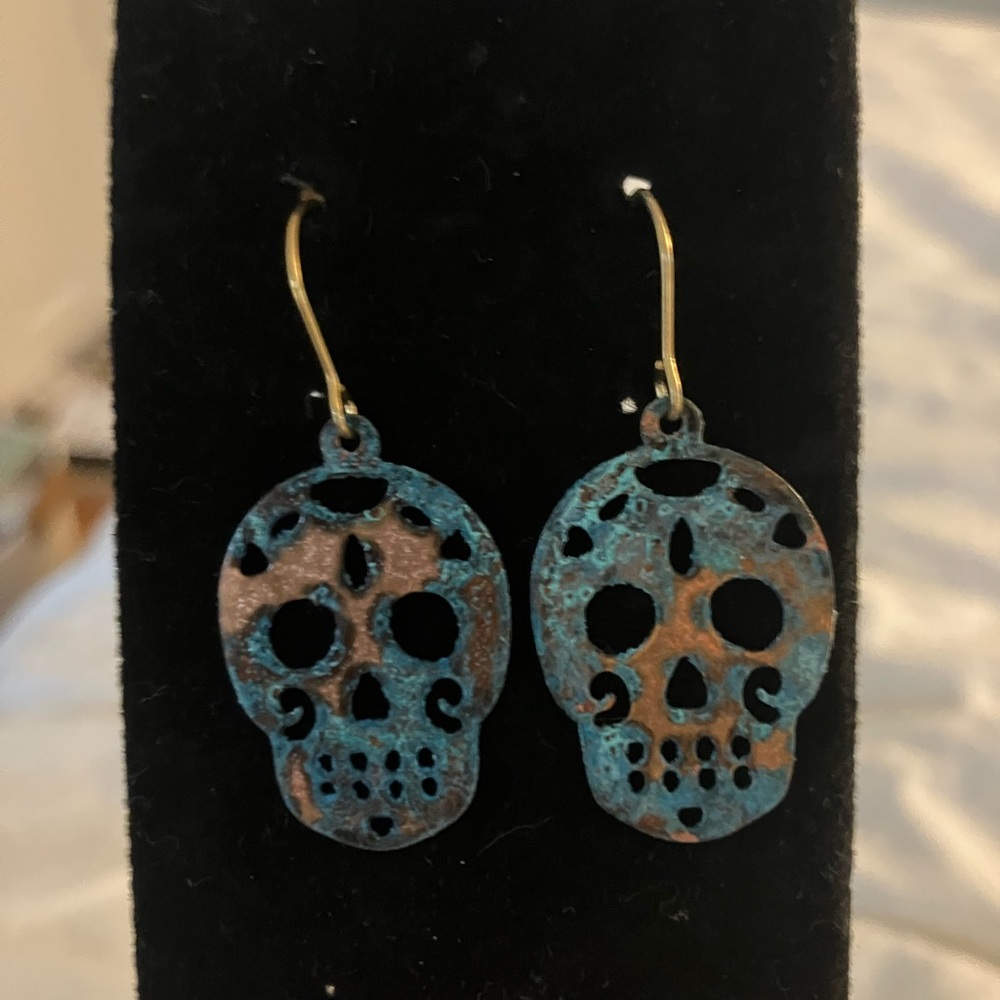 Skull Dangle Earrings in Blue and Brown